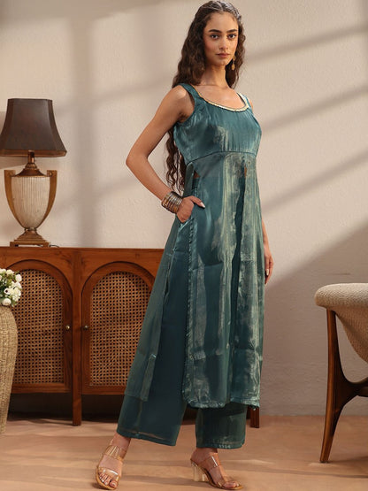 Libas Teal Solid Tissue Front Slit A-Line Kurta Set