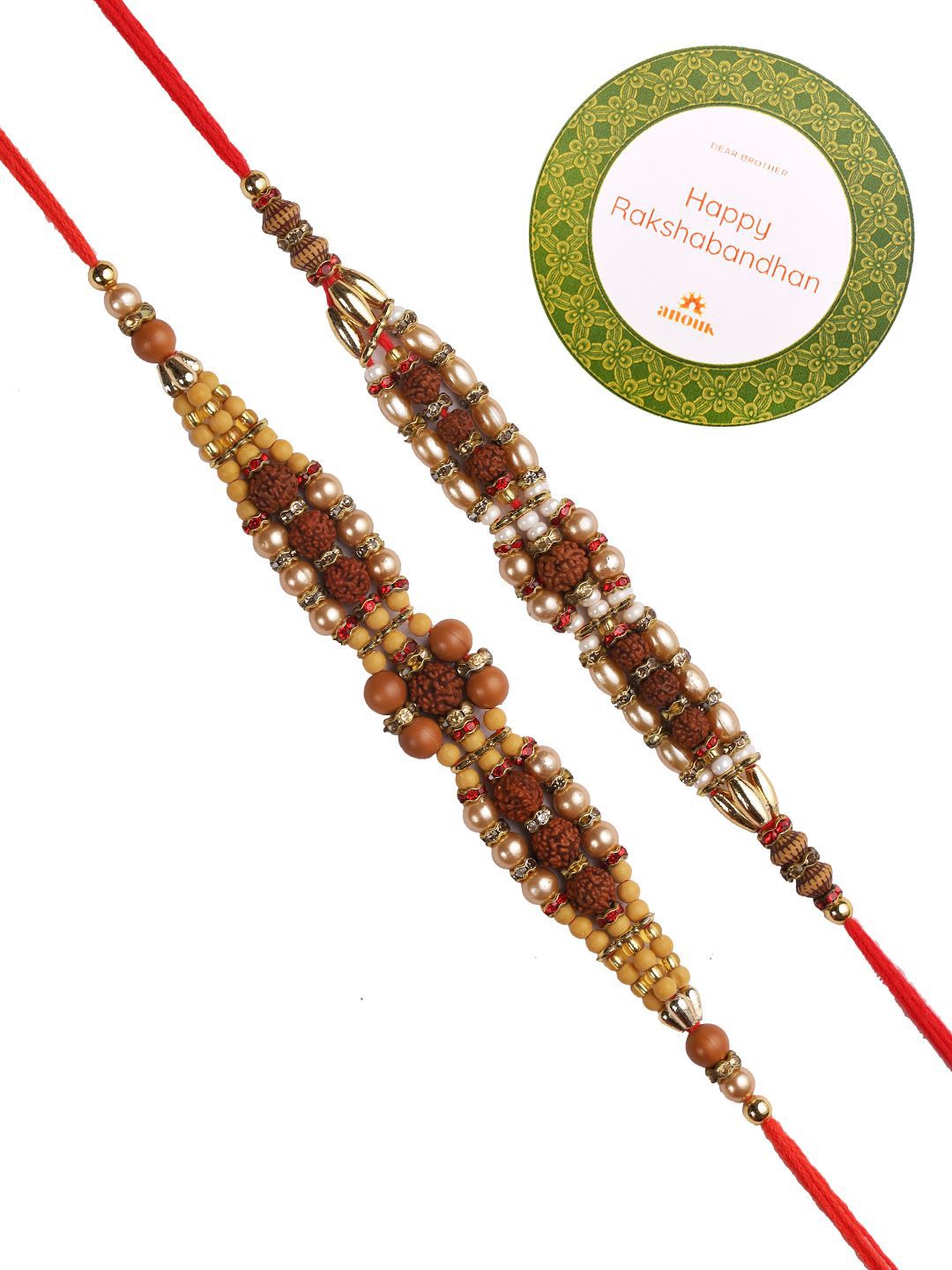 Dhiyona Set Of 2 Brown Rudaraksh Beaded Rakhis Comes With Roli Rice & Greeting Card
