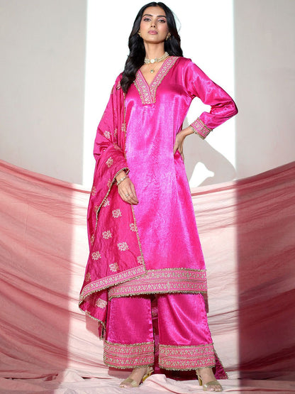 Dhiyona SN Floral Yoke Design V-Neck Sequinned Satin Kurta With Palazzos & Dupatta