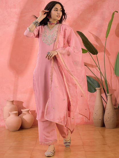 Dhiyona SN Women Ethnic Motifs Embroidered Regular Sequinned Kurta With Palazzos & Dupatta