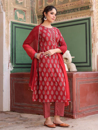 Dhiyona RR Women's Ethnic Motifs Printed Regular Pure Cotton Kurta with Trousers & With Dupatta