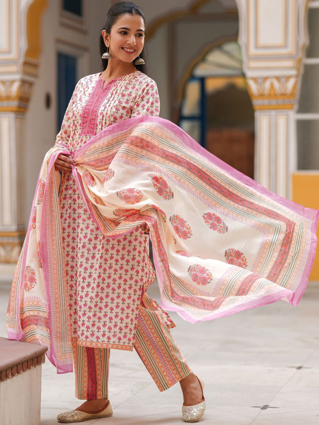 Dhiyona RR Women's Ethnic Motifs Printed Lace Work Pure Cotton Kurta Set With Dupatta