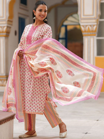Dhiyona RR Women's Ethnic Motifs Printed Lace Work Pure Cotton Kurta Set With Dupatta