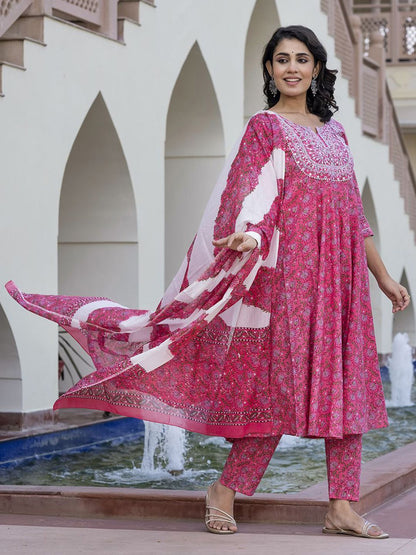 Dhiyona KL Floral Printed Chikankari Pure Cotton Anarkali Kurta With Trouser & Dupatta