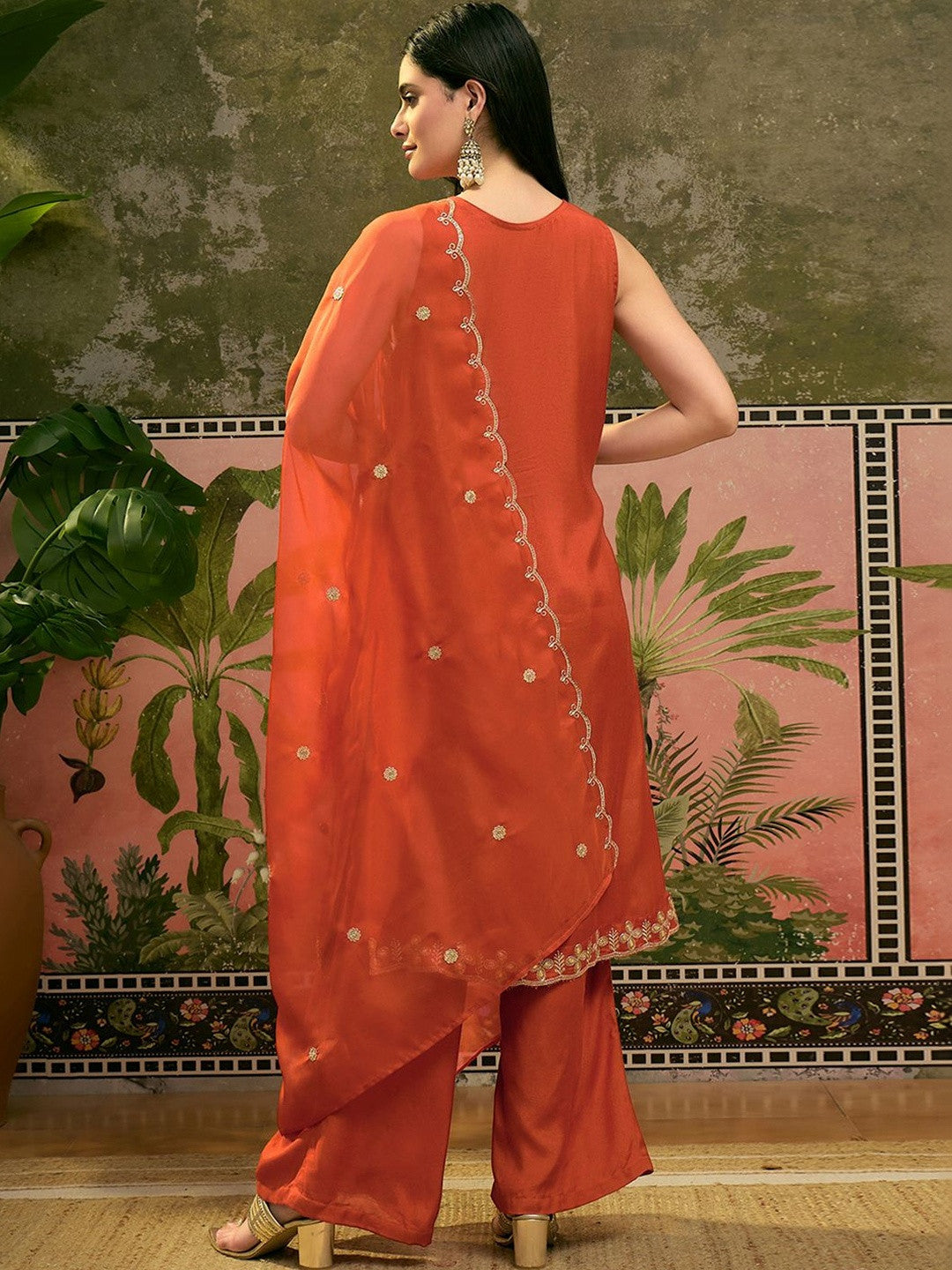 Orange Santoon Zari Sequence GotaPatti Embroidered Kurta With Palazzo Set