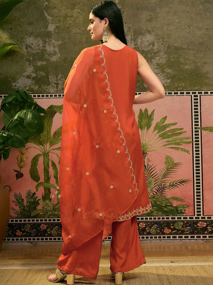 Orange Santoon Zari Sequence GotaPatti Embroidered Kurta With Palazzo Set