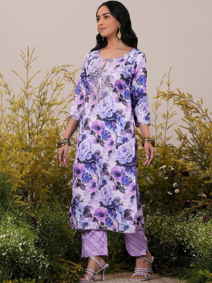 Women Floral Printed Regular Thread Work Kurta with Trousers & With Dupatta