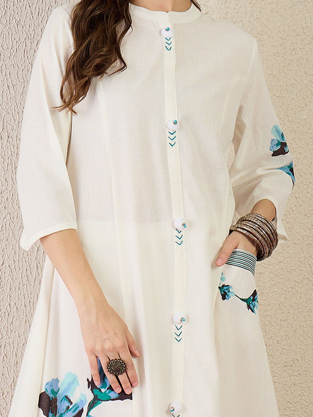 Floral Printed Mandarin Collar Pure Cotton A-Line Kurta With Trouser