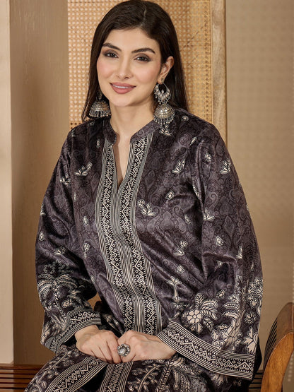 Winter Printed Velvet Mandarin Collar Straight Kurta & Trousers