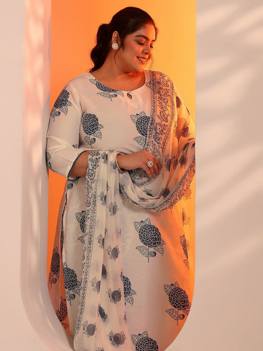Dhiyona Women's Plus Size Floral Printed Kurta with Trousers & Dupatta