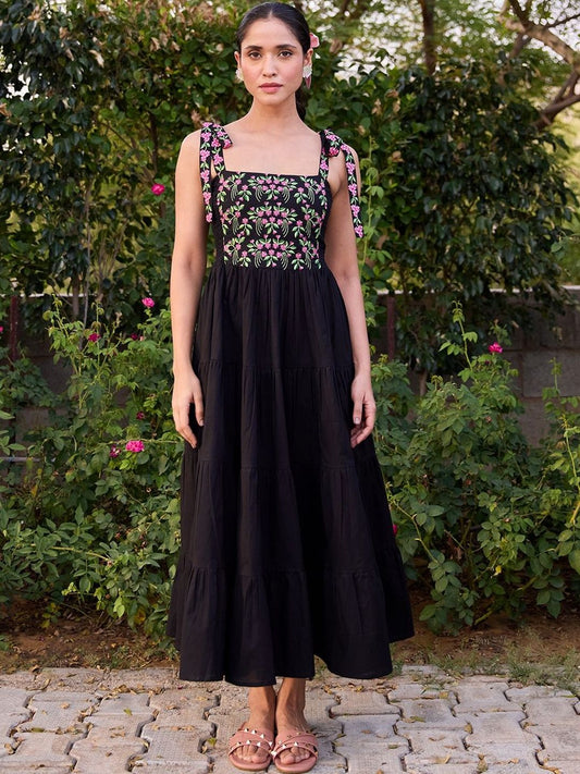 Dhiyona AY Women's Embroidered Square Neck Fit and Flare Ethnic Dresses