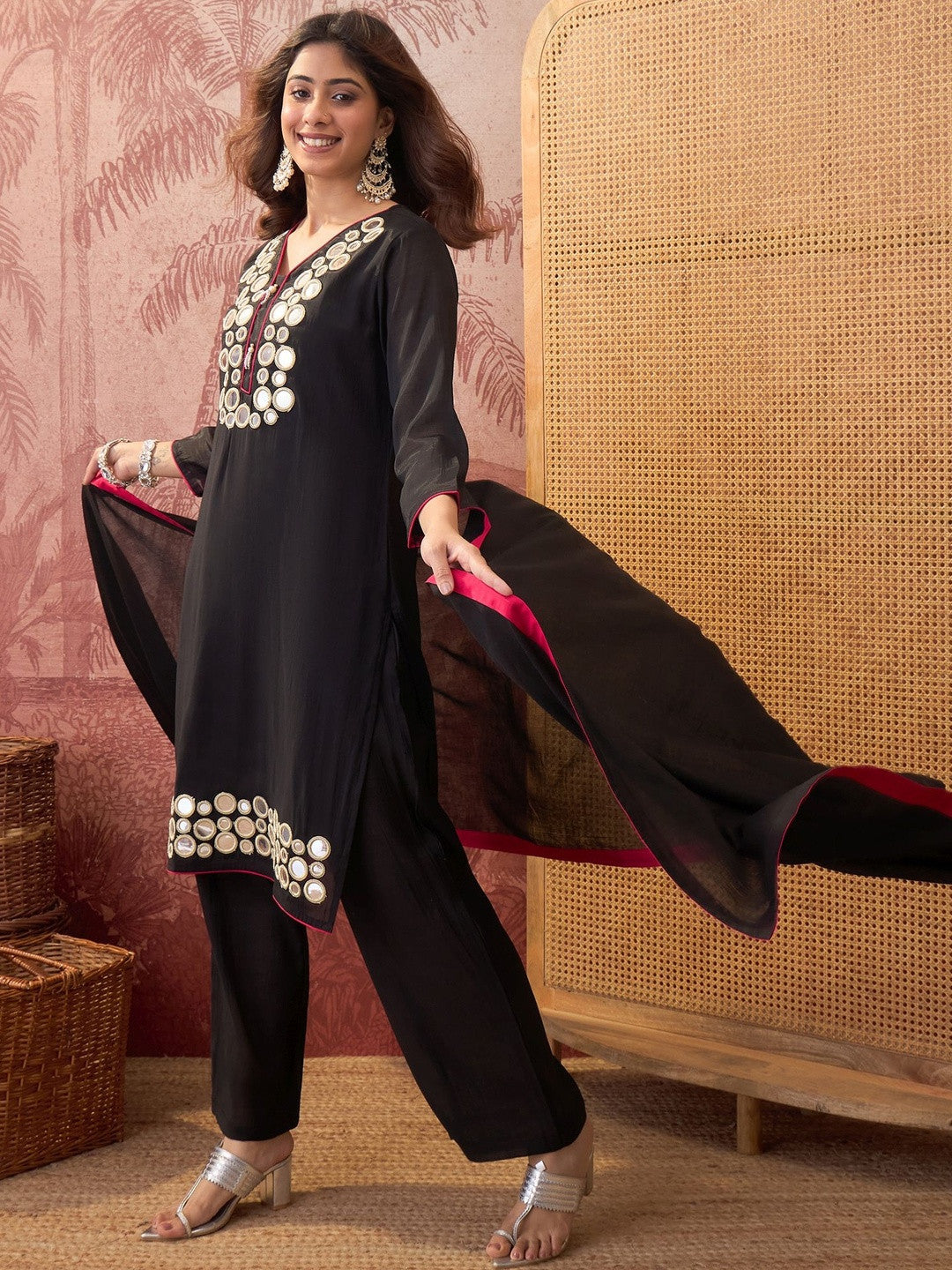 Embroidered Round Neck Kurta & Trousers With Dupatta