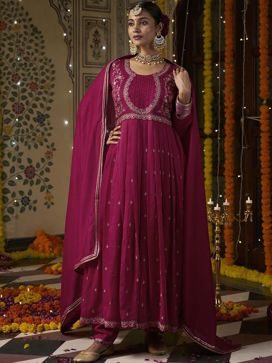 Dhiyona CH Women Ethnic Motifs Embroidered Pleated Sequinned Kurta with Trousers & With Dupatta