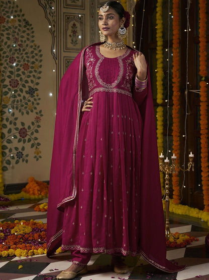 Dhiyona CH Women Ethnic Motifs Embroidered Pleated Sequinned Kurta with Trousers & With Dupatta