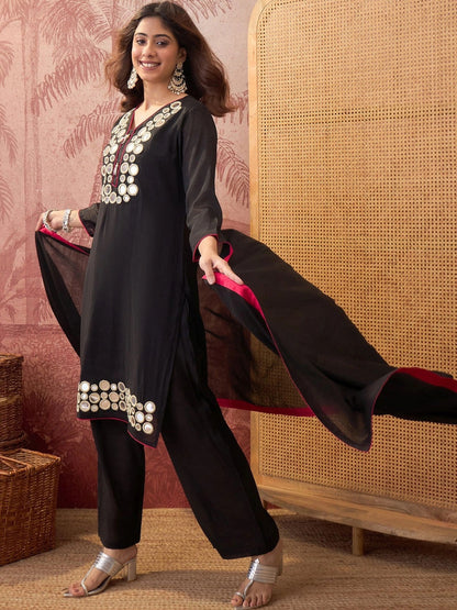 Women Floral Embroidered Regular Mirror Work Kurta with Trousers & With Dupatta
