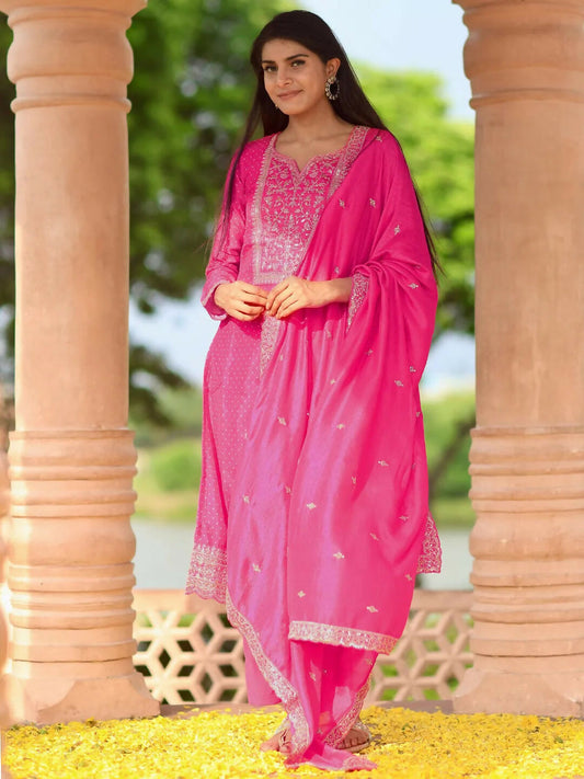 Women's LB Pink Printed Silk Blend Straight Suit With Dupatta