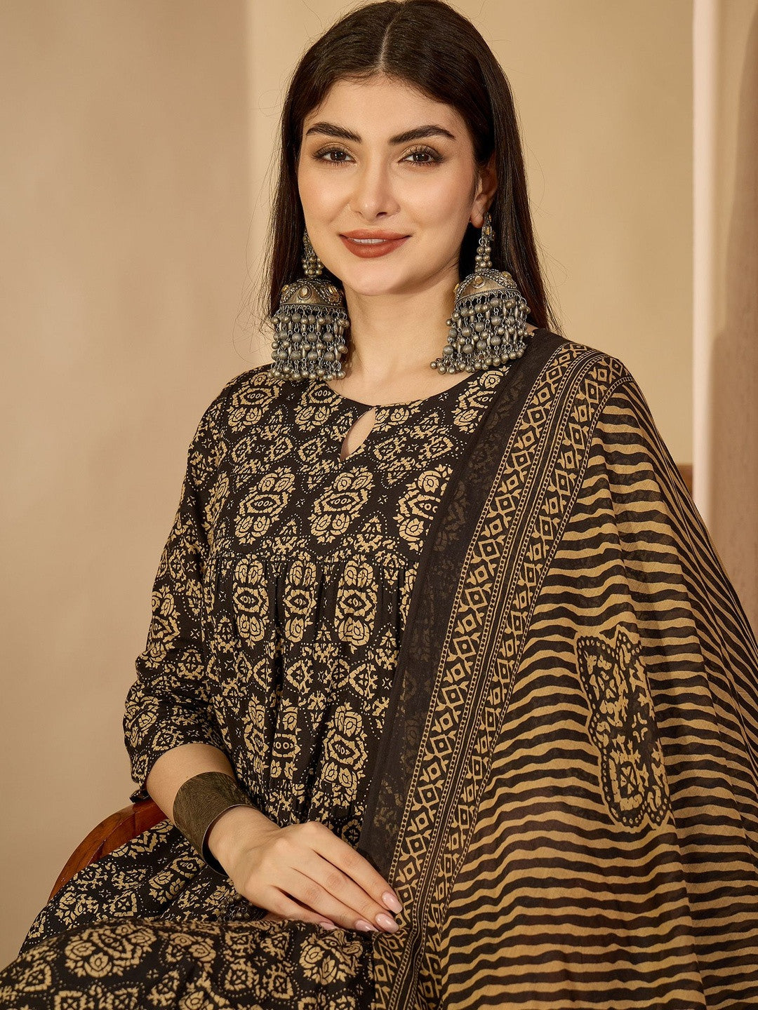 Women Ethnic Motifs Printed Tiered Pure Cotton Kurta with Palazzos & With Dupatta