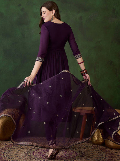 Embroidered Georgette Sweetheart Neck Anarkali Kurta With Trousers & Dupatta