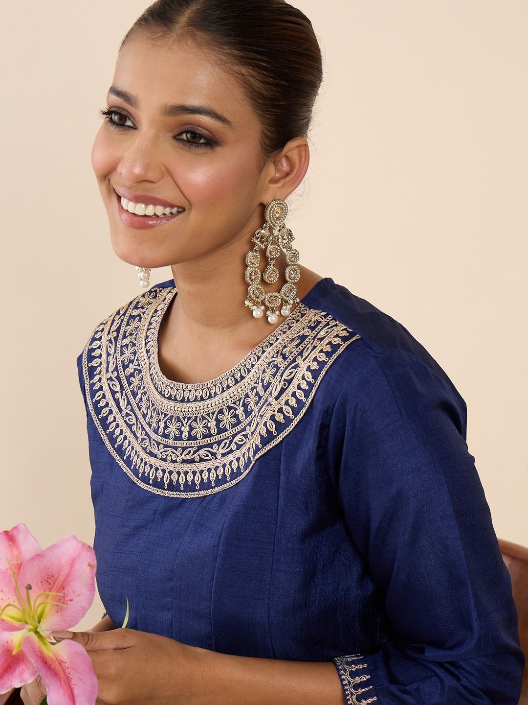 Women Ethnic Motifs Embroidered Regular Sequinned Kurta with Trousers