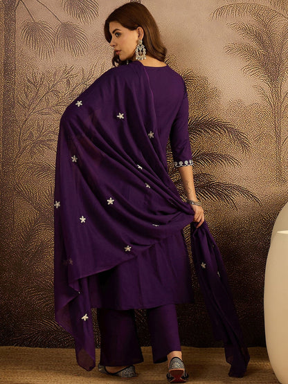 Thread Work Embroidered Kurta with Trousers & Dupatta