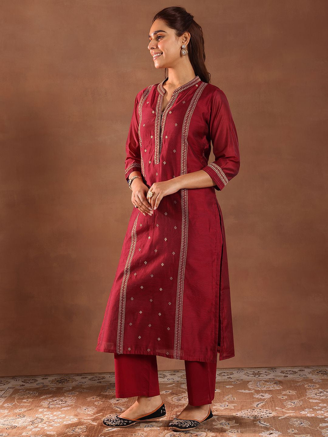 Geometric Woven Design Zari Chanderi Silk Straight Kurta With Trousers & Dupatta