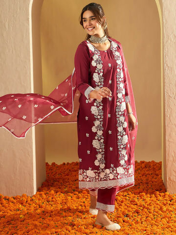 Women's Maroon Embroidered Straight Kurta Trousers With Dupatta Set