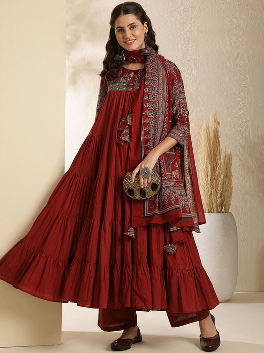 Dhiyona SN Women's Embroidered Pure Cotton Key Hole-Neck Anarkali Kurta With Trouser & Dupatta