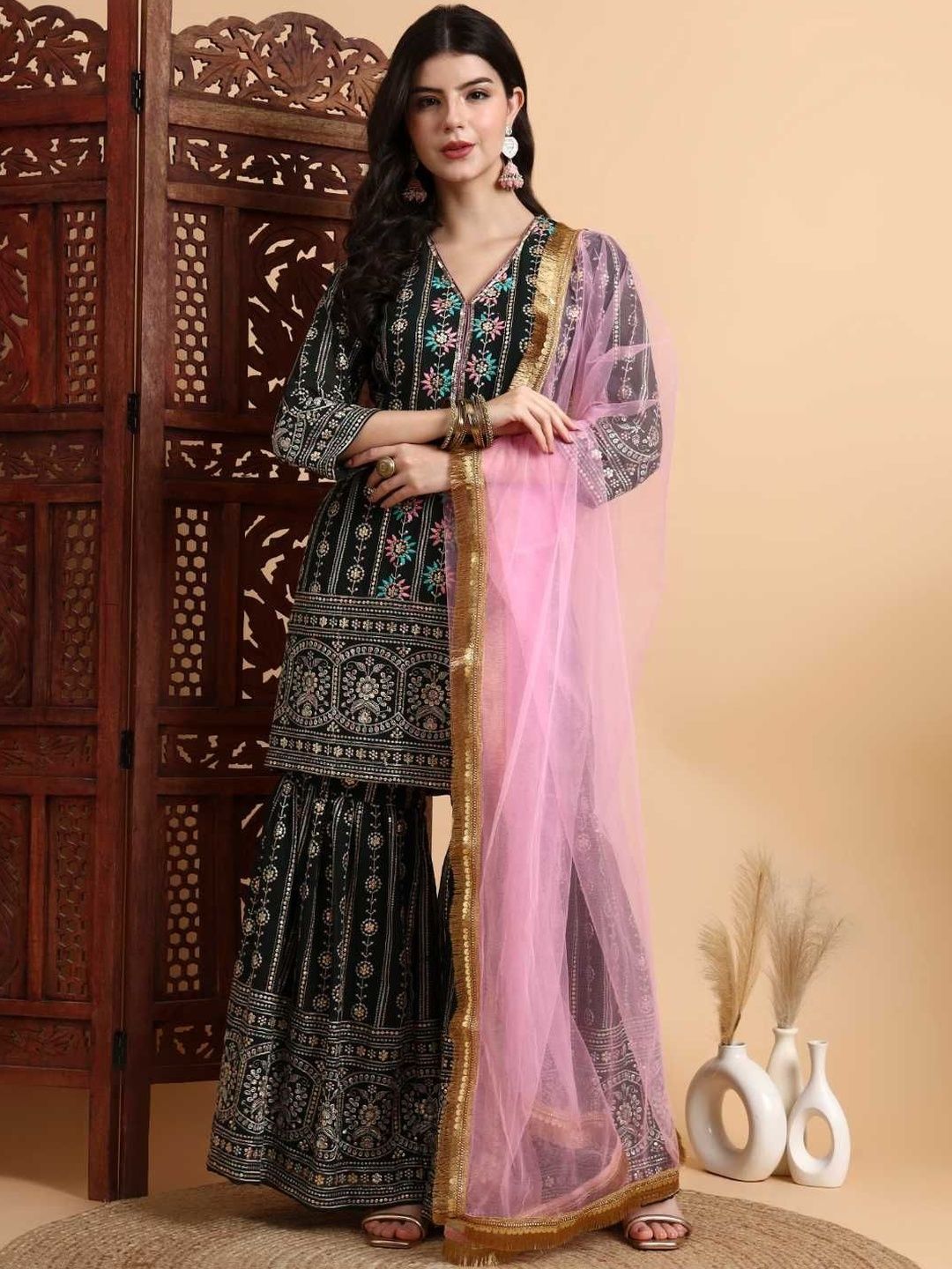 Dhiyona HOP Embroidered V Neck Kurta & Sharara With Dupatta