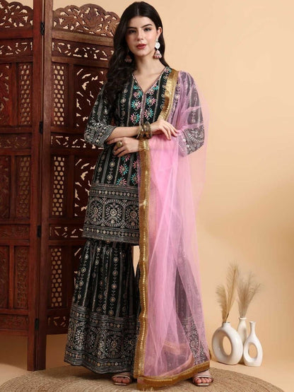 Dhiyona HOP Embroidered V Neck Kurta & Sharara With Dupatta