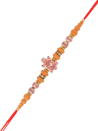 Dhiyona Red Stone Studded & Beaded Tortoise Charm Thread Rakhi With Roli Chawal