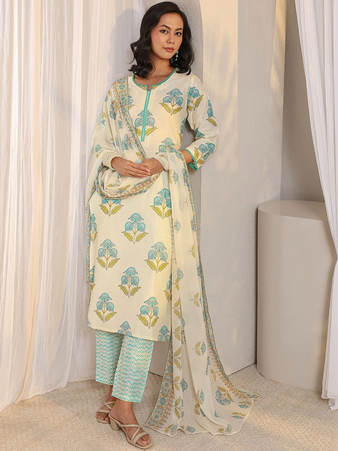 Off White Floral Printed Chanderi Silk Straight Suit Set with Dupatta