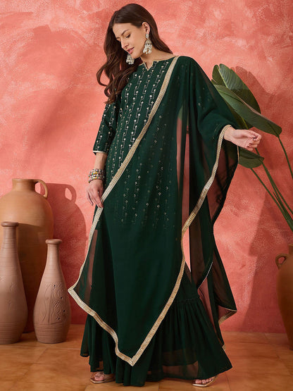 Women Sequinned Embroidered Round Neck Kurta, Sharara With Dupatta