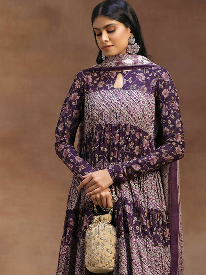 Women's LB Purple Printed Cotton A-Line Kurta With Churidar & Dupatta