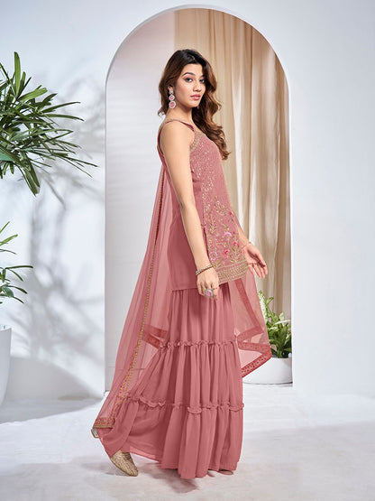 Dhiyona IN Women Floral Embroidered Regular Thread Work Kurta with Sharara & With Dupatta
