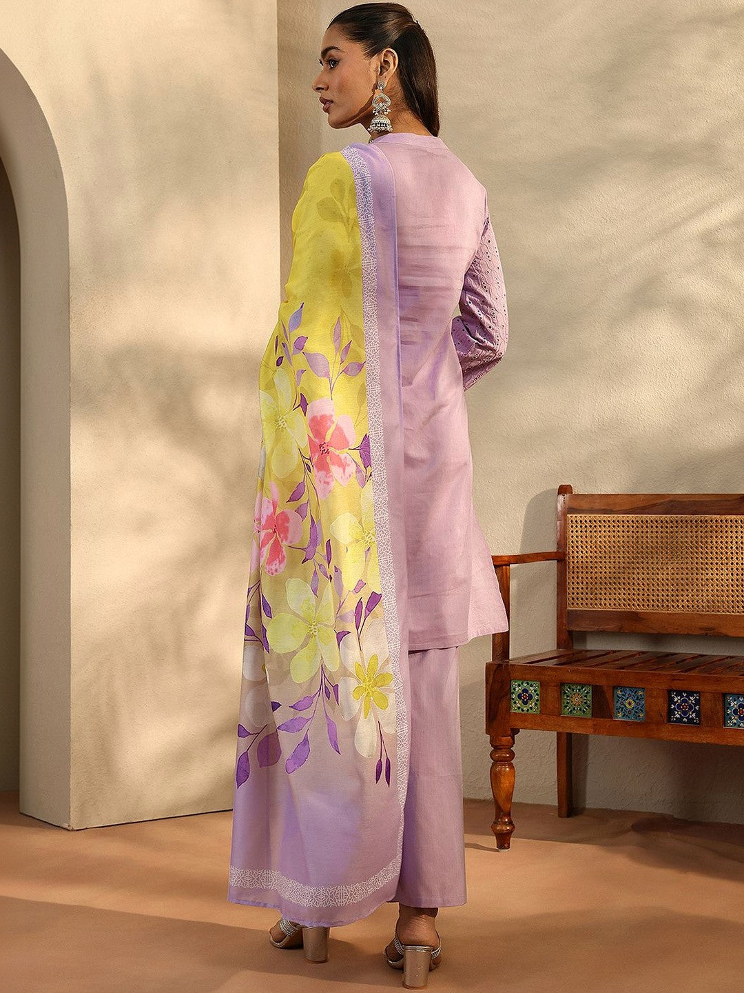 Women Floral Embroidered Regular Thread Work Kurta with Palazzos & With Dupatta