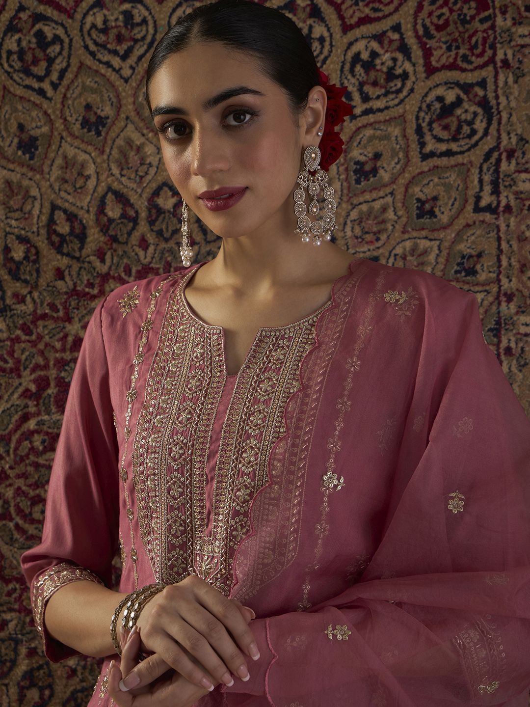Dhiyona IE Ethnic Motifs Embroidered Notch Neck Zari Kurta With Palazzos & Dupatta
