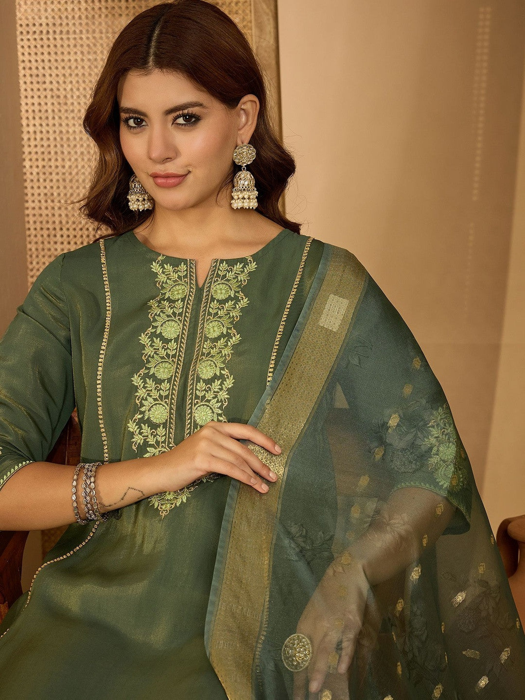 Women Olive Embroidered Kurta Sets With Dupatta