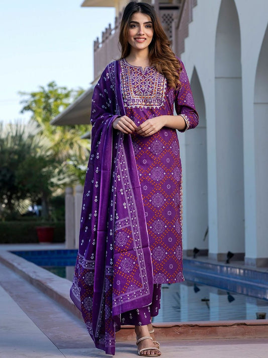 Dhiyona KL Kalini Pure Cotton Magenta Bandhej Print Straight Kurta Bottom And Dupatta Set