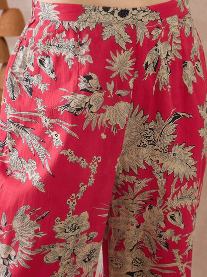 Women Floral Printed Pleated Pure Cotton Kurta with Trousers