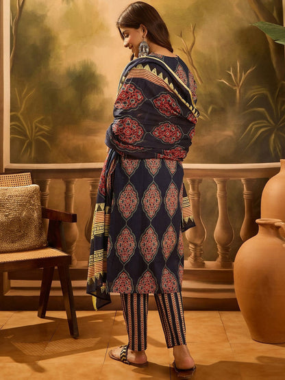 Printed Pure Cotton V-Neck Kurta & Trousers Kurta Sets
