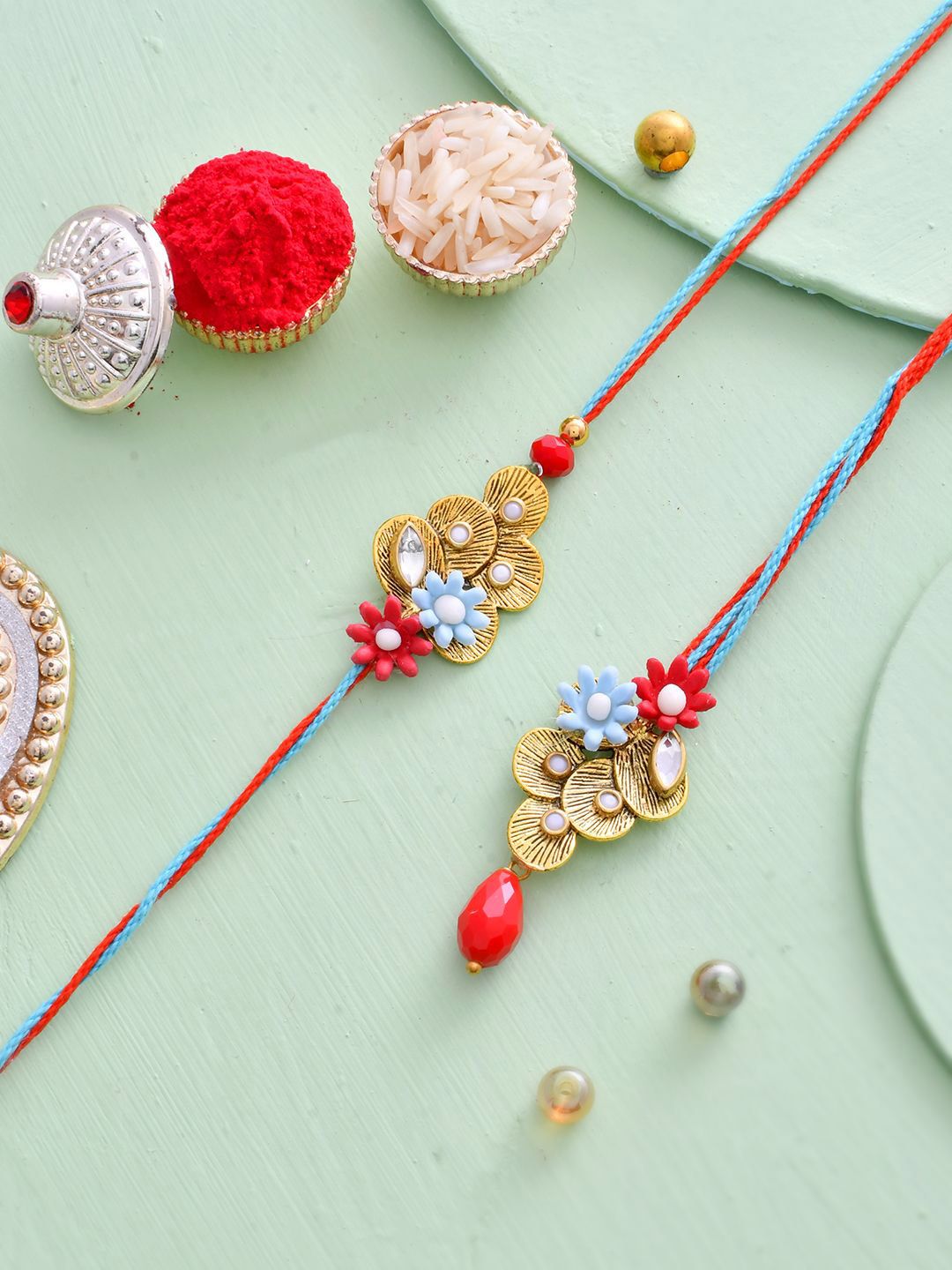 Dhiyona Green Stone-Studded & Beaded Bhaiya Bhabhi Thread Rakhi
