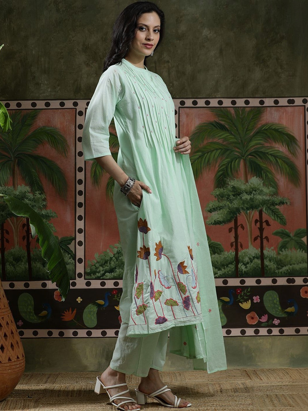 Embroidered Pure Cotton Mandarin Collar Kurta & Trousers Kurta Sets