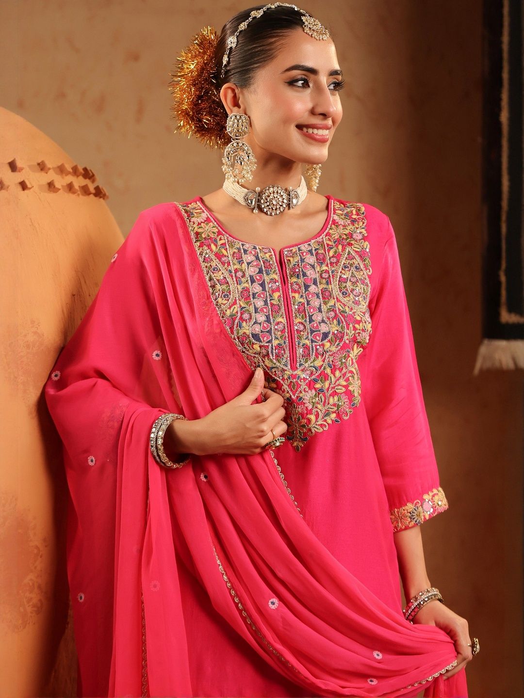 Dhiyona SC Women Fuchsia Silk Embroidered-Handwork Sharara Set