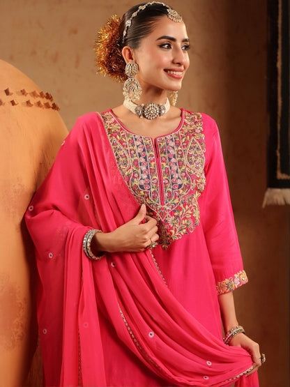 Dhiyona SC Women Fuchsia Silk Embroidered-Handwork Sharara Set