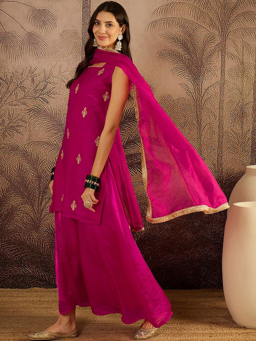 Dhiyona SN Embroidered Sequence Kurta & Palazzos with Dupatta Set