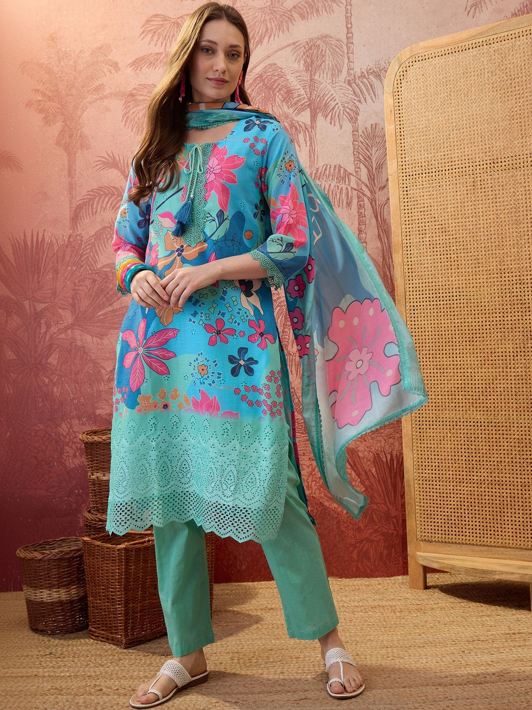 Floral Printed Round Neck Lace Hem Kurta & Trousers With Dupatta