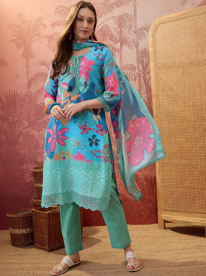 Floral Printed Round Neck Lace Hem Kurta & Trousers With Dupatta
