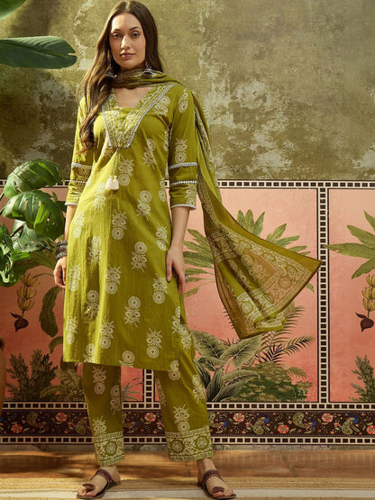 Embroidered Pure Cotton V-Neck Top & Trousers With Dupatta