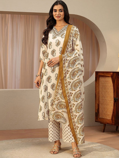 Off White Paisley Printed Cotton Blend Straight Suit Set