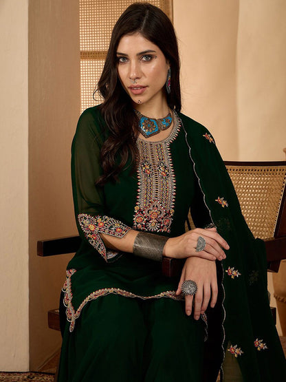 Dhiyona SN Women Zari Sequence Thread Embroidered Kurta & Sharara With Dupatta